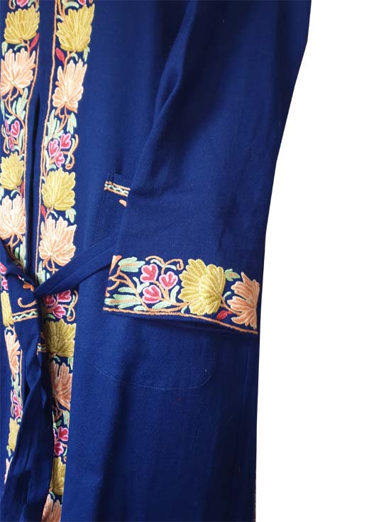 Women Woolen Nightgown Dressing Gown Maxi with Kashmiri Charming Embroidery Free Size (Pure Wool, Blue-4)