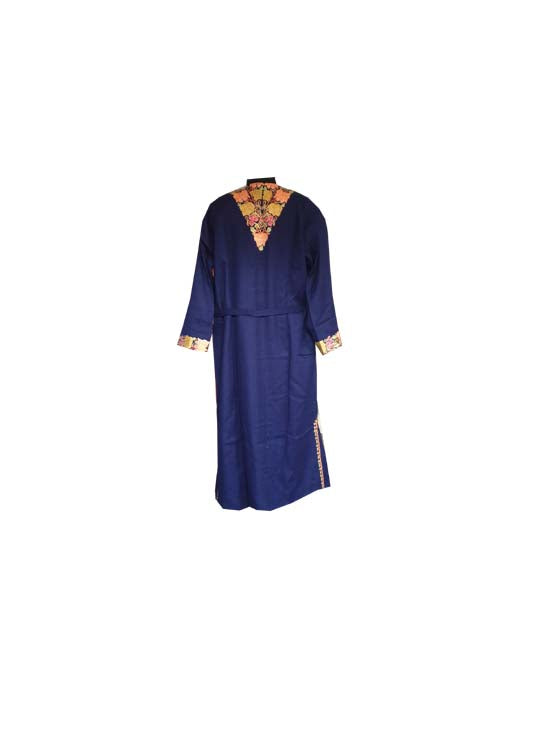 Women Woolen Nightgown Dressing Gown Maxi with Kashmiri Charming Embroidery Free Size (Pure Wool, Blue-4)