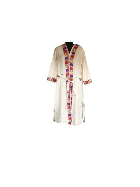 Women Woolen Nightgown Dressing Gown Maxi with Kashmiri Charming Embroidery Free Size (Pure Wool, OffWhite-1)