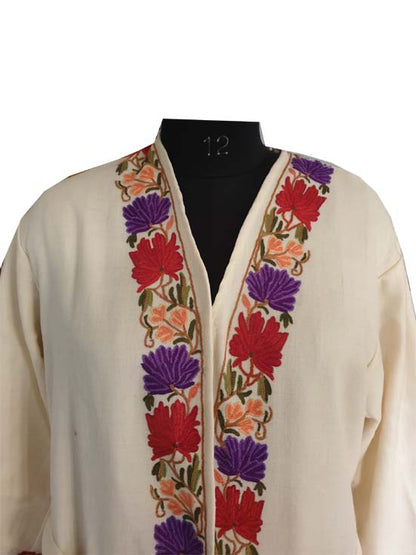 Women Woolen Nightgown Dressing Gown Maxi with Kashmiri Charming Embroidery Free Size (Pure Wool, OffWhite-1)