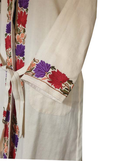 Women Woolen Nightgown Dressing Gown Maxi with Kashmiri Charming Embroidery Free Size (Pure Wool, OffWhite-1)