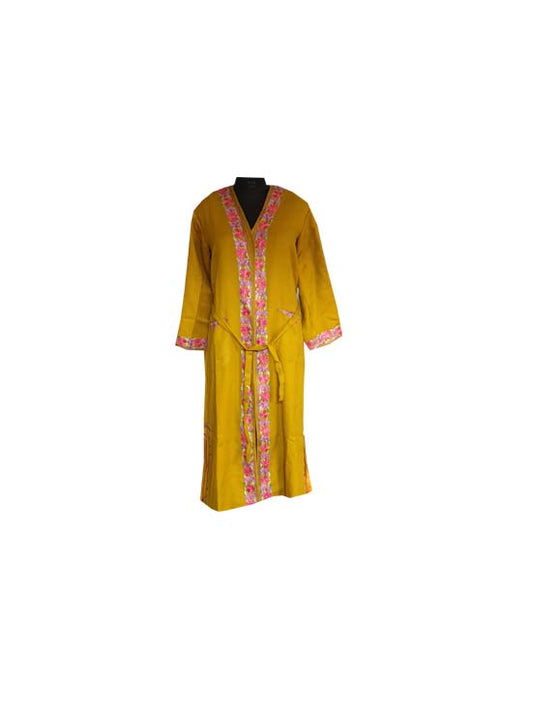 Women Woolen Nightgown Dressing Gown Maxi with Kashmiri Charming Embroidery Free Size (Pure Wool, Mustard-2)