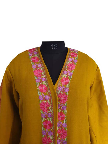 Women Woolen Nightgown Dressing Gown Maxi with Kashmiri Charming Embroidery Free Size (Pure Wool, Mustard-2)