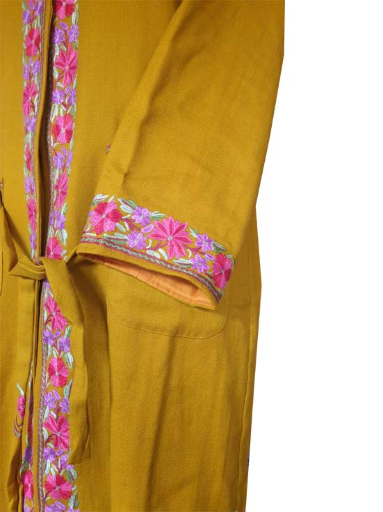 Women Woolen Nightgown Dressing Gown Maxi with Kashmiri Charming Embroidery Free Size (Pure Wool, Mustard-2)