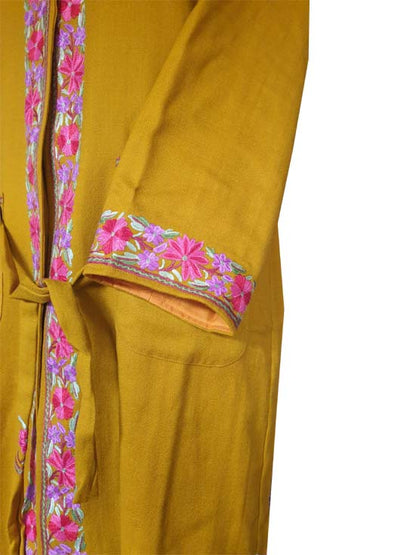 Women Woolen Nightgown Dressing Gown Maxi with Kashmiri Charming Embroidery Free Size (Pure Wool, Mustard-2)