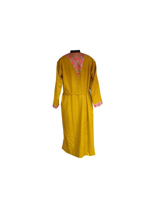 Women Woolen Nightgown Dressing Gown Maxi with Kashmiri Charming Embroidery Free Size (Pure Wool, Mustard-2)