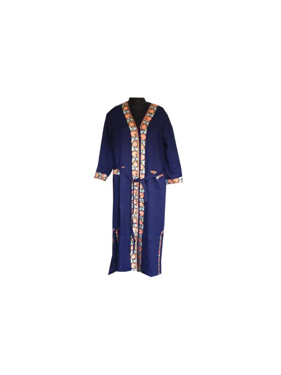 Women Woolen Nightgown Dressing Gown Maxi with Kashmiri Charming Embroidery Free Size (Pure Wool, Blue-4)