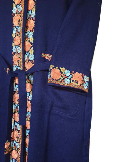 Women Woolen Nightgown Dressing Gown Maxi with Kashmiri Charming Embroidery Free Size (Pure Wool, Blue-4)
