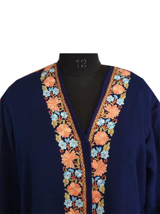 Women Woolen Nightgown Dressing Gown Maxi with Kashmiri Charming Embroidery Free Size (Pure Wool, Blue-4)