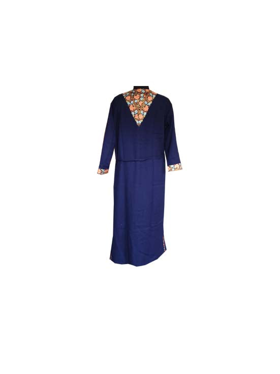 Women Woolen Nightgown Dressing Gown Maxi with Kashmiri Charming Embroidery Free Size (Pure Wool, Blue-4)