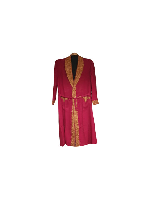 Men Woolen Nightgown Dressing Gown Sleep And Lounge Wear With Kashmiri Charming Embroidery Free Size-maroon
