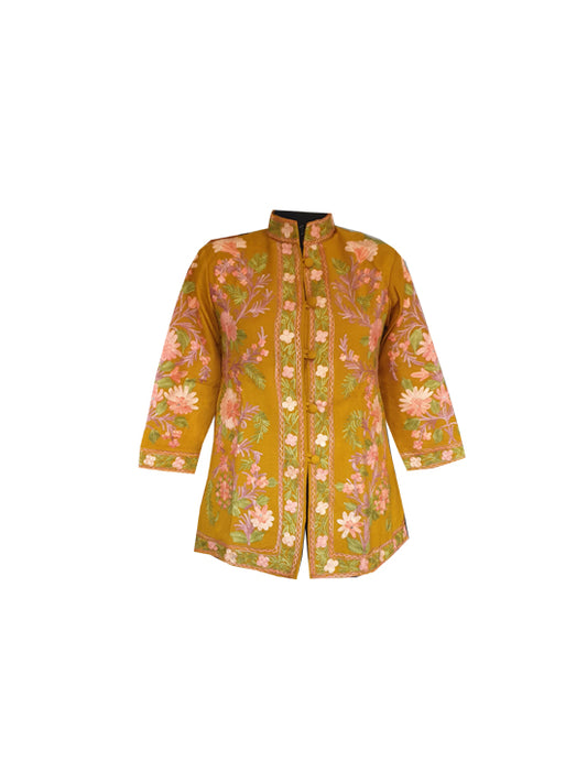 Women Woolen Jacket With Kashmiri Embroidery (IN, Alpha, L, Regular, Mustartd-1)