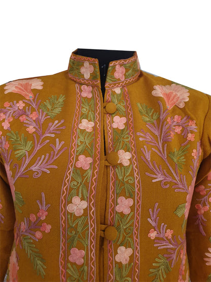 Women Woolen Jacket With Kashmiri Embroidery (IN, Alpha, L, Regular, Mustartd-1)