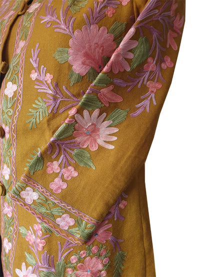 Women Woolen Jacket With Kashmiri Embroidery (IN, Alpha, L, Regular, Mustartd-1)
