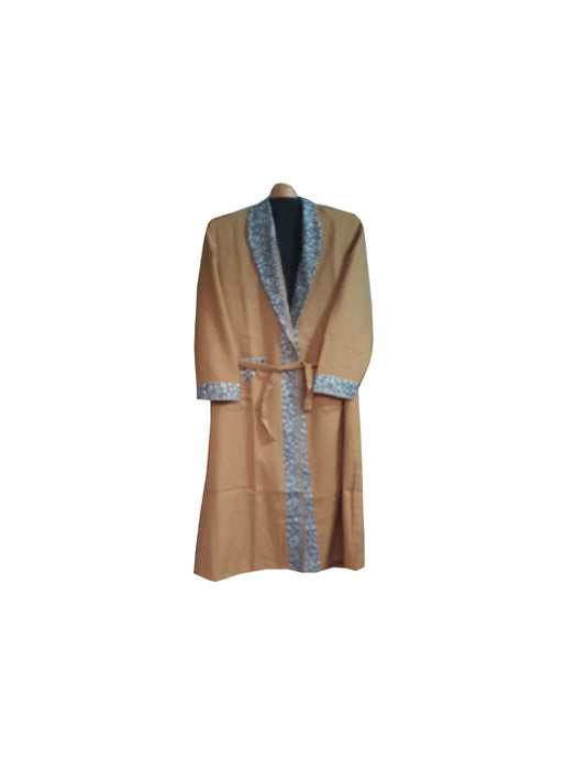 Men Woolen Nightgown Dressing Gown Sleep And Lounge Wear With Kashmiri Charming Embroidery Free Size-beige