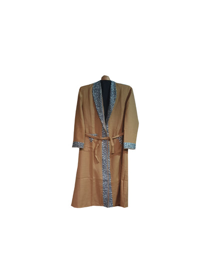 Men Woolen Nightgown Dressing Gown Sleep And Lounge Wear With Kashmiri Charming Embroidery Free Size-beige