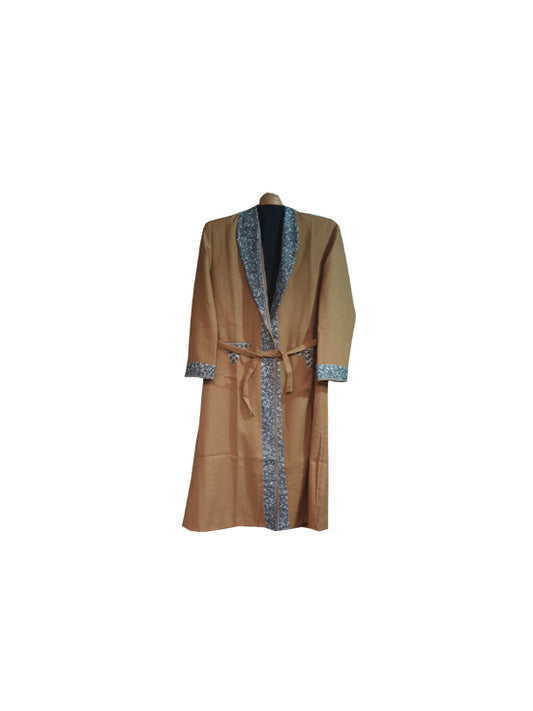 Men Woolen Nightgown Dressing Gown Sleep And Lounge Wear With Kashmiri Charming Embroidery Free Size-beige