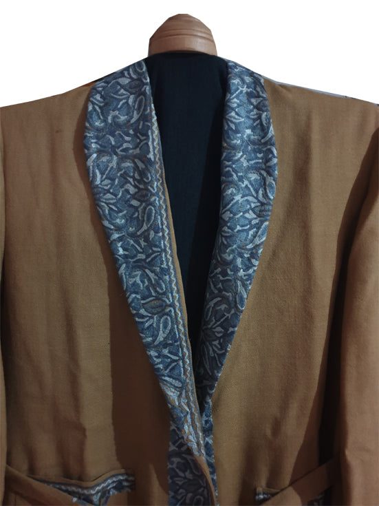 Men Woolen Nightgown Dressing Gown Sleep And Lounge Wear With Kashmiri Charming Embroidery Free Size-beige