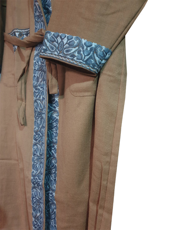 Men Woolen Nightgown Dressing Gown Sleep And Lounge Wear With Kashmiri Charming Embroidery Free Size-beige