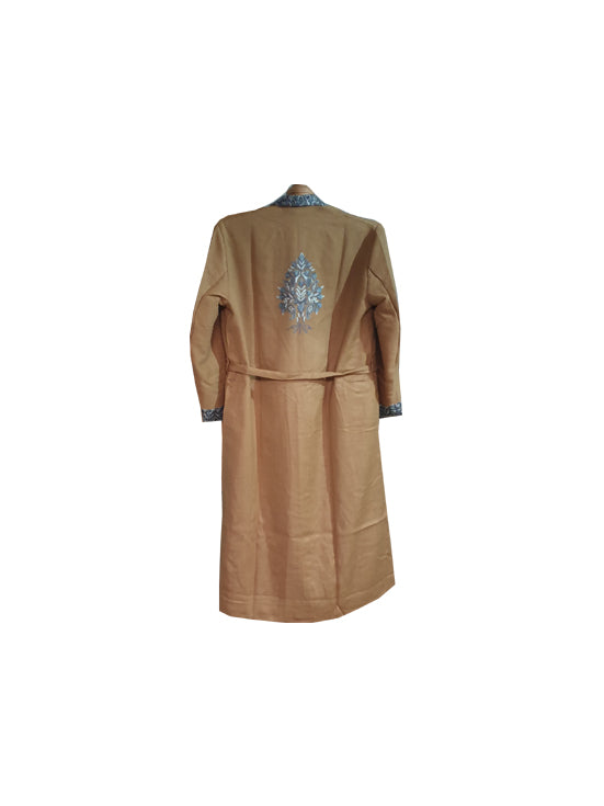 Men Woolen Nightgown Dressing Gown Sleep And Lounge Wear With Kashmiri Charming Embroidery Free Size-beige