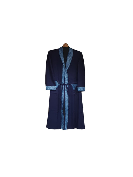 Men Woolen Nightgown Dressing Gown Sleep And Lounge Wear With Kashmiri Charming Embroidery Free Size - Blue