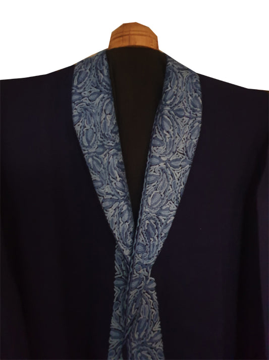 Men Woolen Nightgown Dressing Gown Sleep And Lounge Wear With Kashmiri Charming Embroidery Free Size - Blue