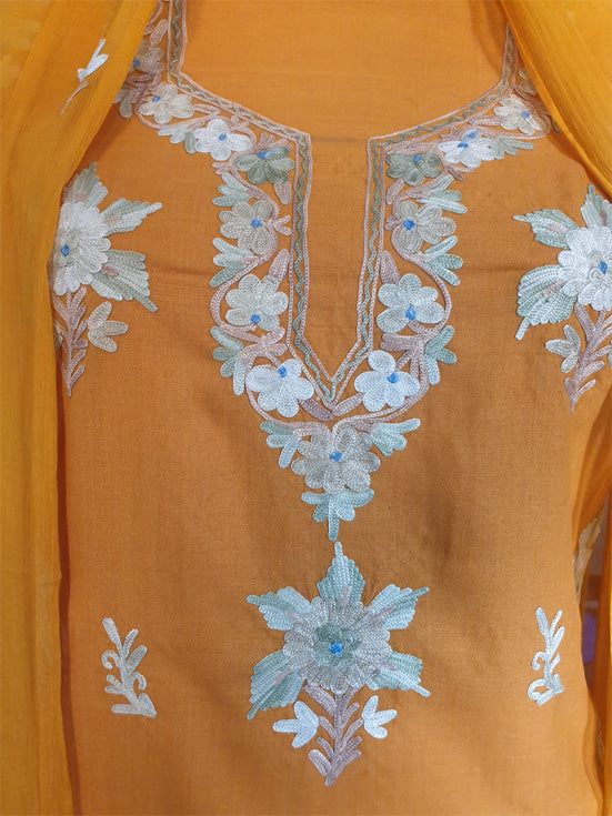 Women Cotton Suits with Kashmiri Embroidery Unstitched Dress Material Salwar Suits -Mustard
