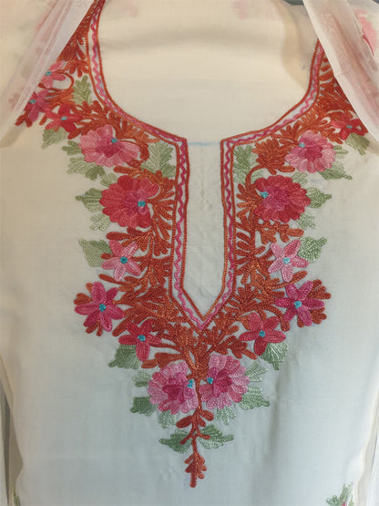 Women Cotton Suits with Kashmiri Embroidery Unstitched Dress Material Salwar Suits -White