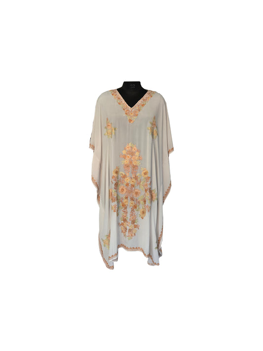 Kashmir Gallery Women Kashmiri Crape Kaftan Nightgown Maxi with Kashmiri Charming Embroidery Free Size- White2