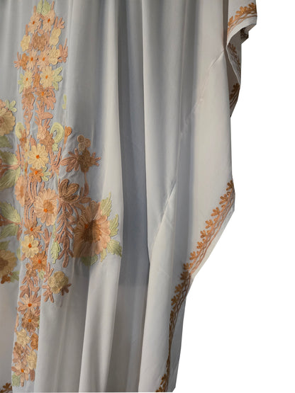 Kashmir Gallery Women Kashmiri Crape Kaftan Nightgown Maxi with Kashmiri Charming Embroidery Free Size- White2