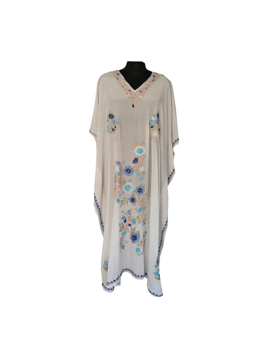 Kashmir Gallery Women Kashmiri Crape Kaftan Nightgown Maxi with Kashmiri Charming Embroidery Free Size- White