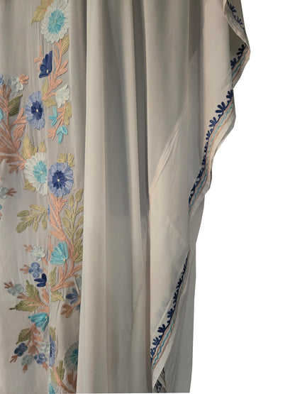 Kashmir Gallery Women Kashmiri Crape Kaftan Nightgown Maxi with Kashmiri Charming Embroidery Free Size- White