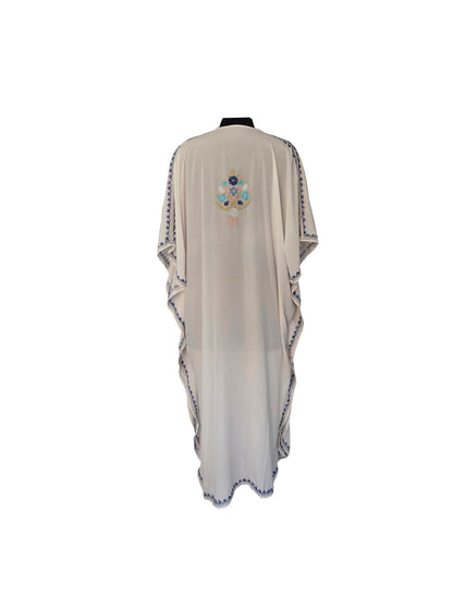 Kashmir Gallery Women Kashmiri Crape Kaftan Nightgown Maxi with Kashmiri Charming Embroidery Free Size- White