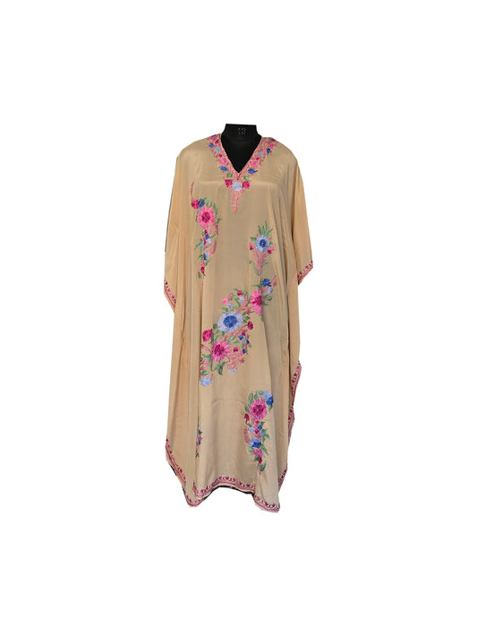 Kashmir Gallery Women Kashmiri Crape Kaftan Nightgown Maxi with Kashmiri Charming Embroidery Free Size- beige