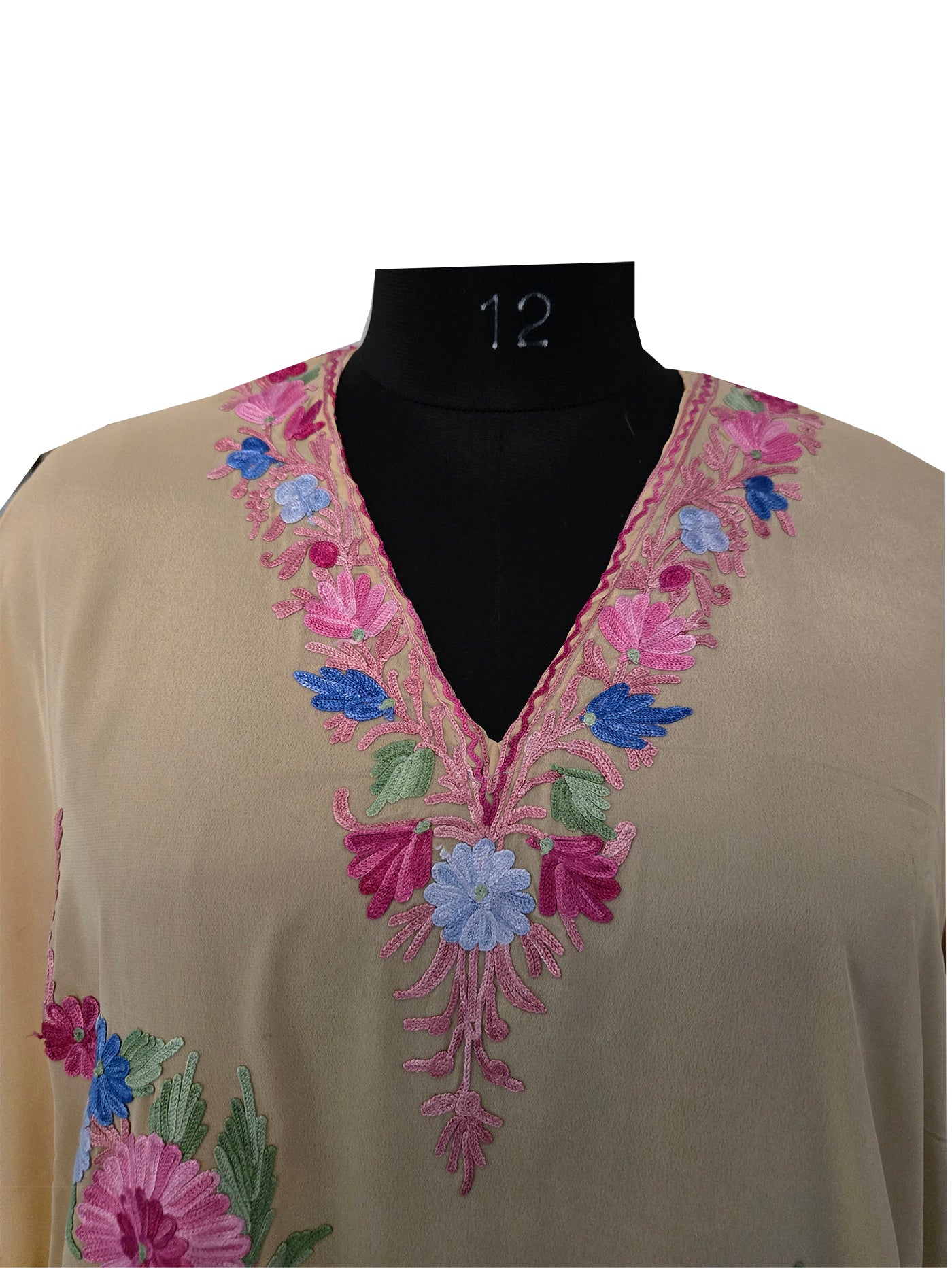 Kashmir Gallery Women Kashmiri Crape Kaftan Nightgown Maxi with Kashmiri Charming Embroidery Free Size- beige