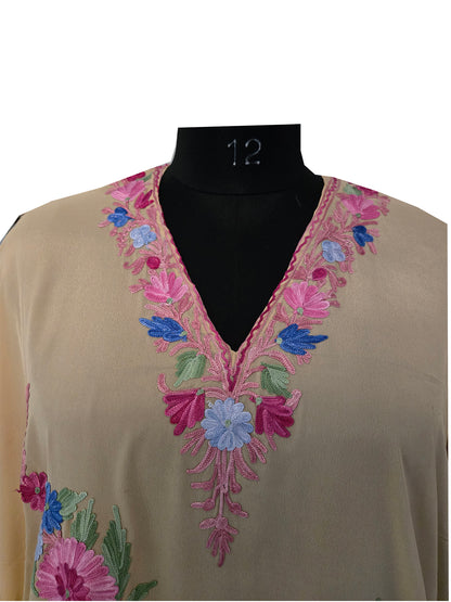 Kashmir Gallery Women Kashmiri Crape Kaftan Nightgown Maxi with Kashmiri Charming Embroidery Free Size- beige