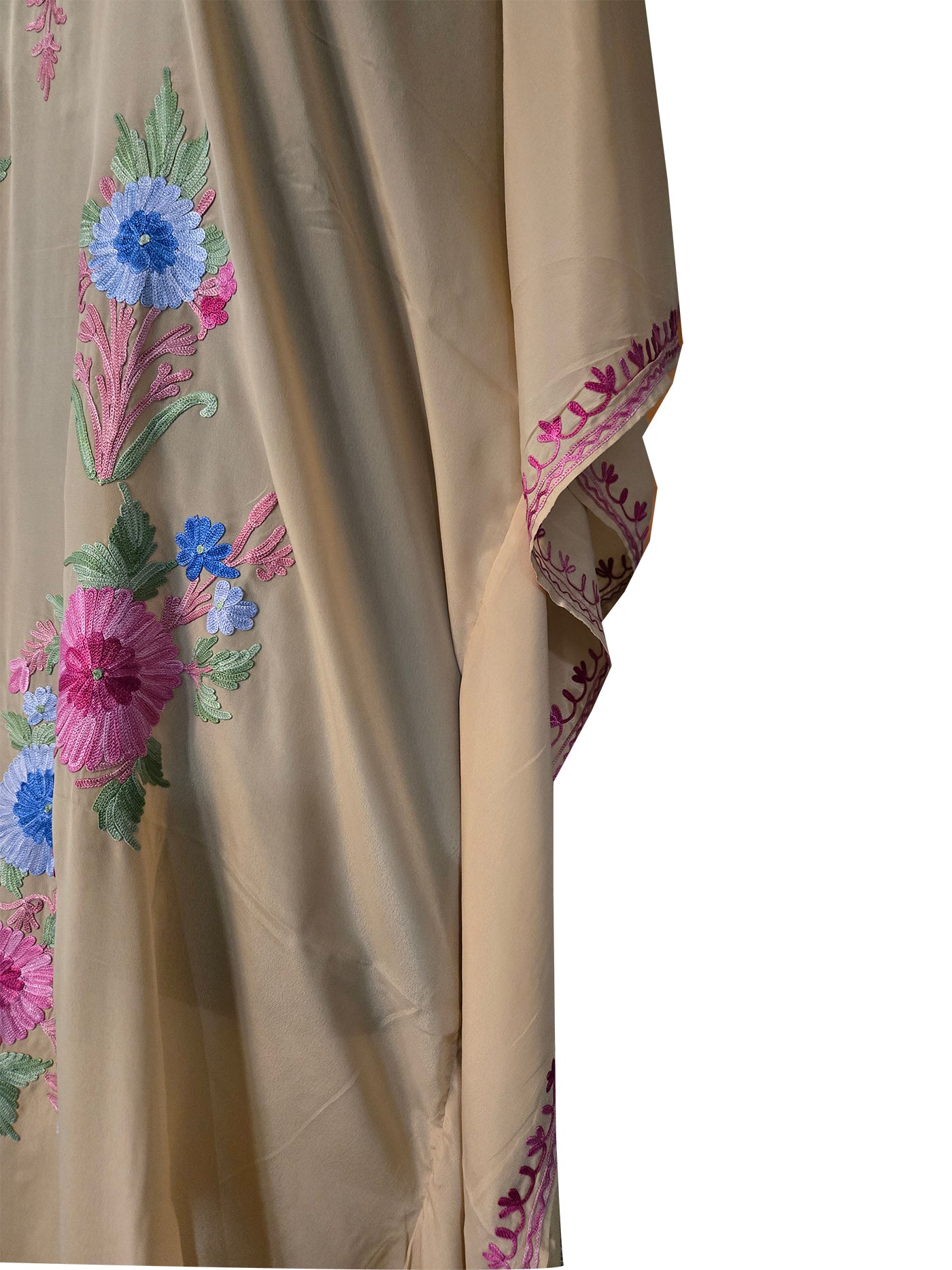 Kashmir Gallery Women Kashmiri Crape Kaftan Nightgown Maxi with Kashmiri Charming Embroidery Free Size- beige