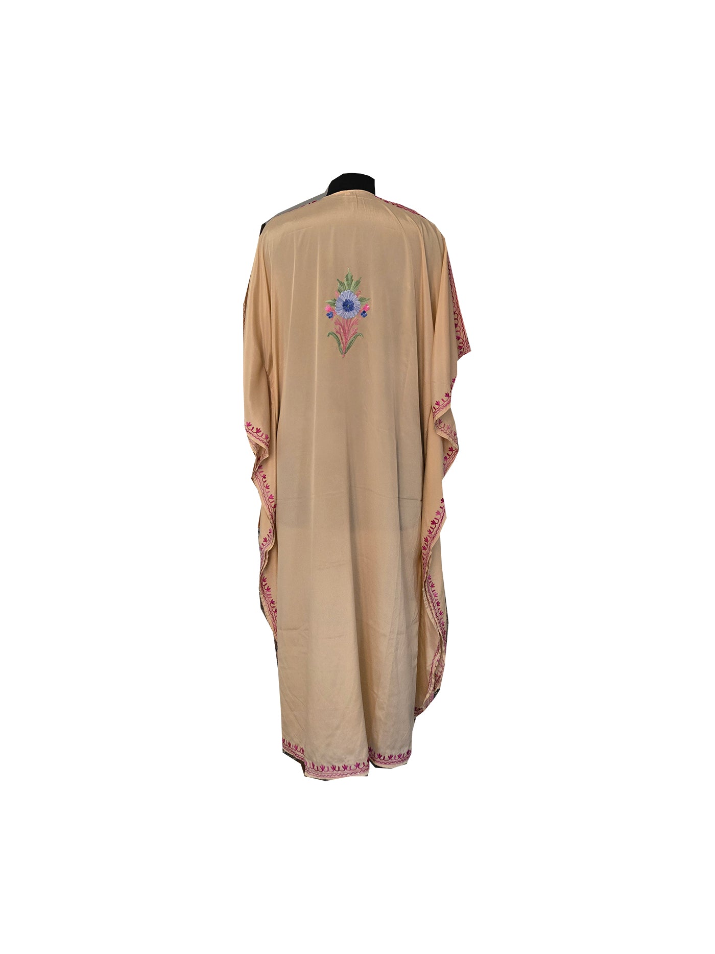 Kashmir Gallery Women Kashmiri Crape Kaftan Nightgown Maxi with Kashmiri Charming Embroidery Free Size- beige