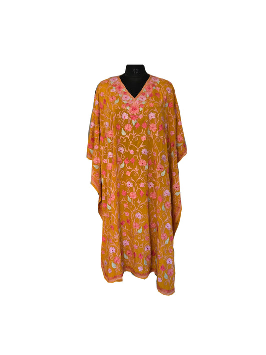 Kashmir Gallery Women Kashmiri Crape Kaftan Nightgown Maxi with Kashmiri Charming Embroidery Free Size- Mustard
