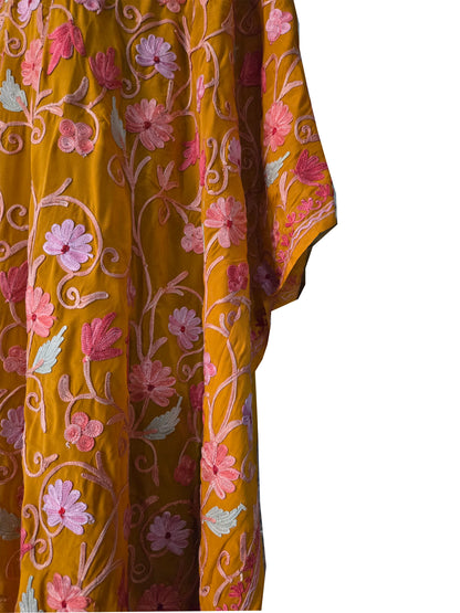 Kashmir Gallery Women Kashmiri Crape Kaftan Nightgown Maxi with Kashmiri Charming Embroidery Free Size- Mustard