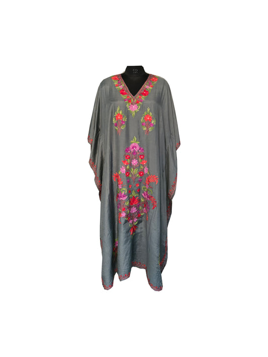 Kashmir Gallery Women Kashmiri Kaftan Nightgown Maxi with Kashmiri Charming Embroidery Free Size - green