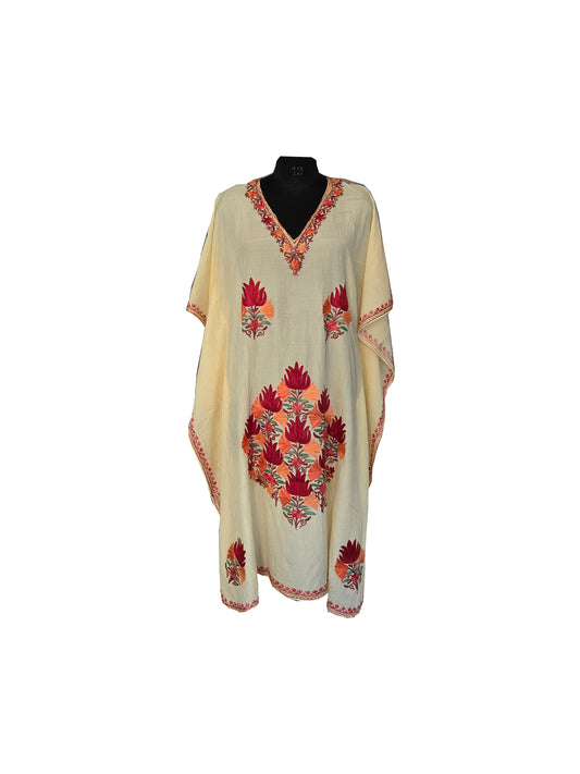 Kashmir Gallery Women Kashmiri Kaftan Nightgown Maxi with Kashmiri Charming Embroidery Free Size - yellow