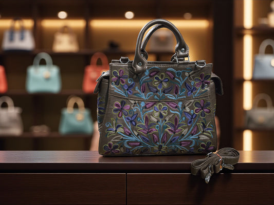 Women Leather Bag With Strap With Gorgeous Kashmiri Embroidery - Dark Grey