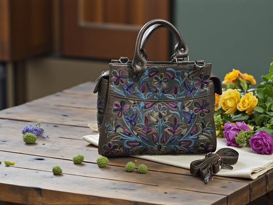 Women Leather Bag With Strap With Gorgeous Kashmiri Embroidery - Dark Grey