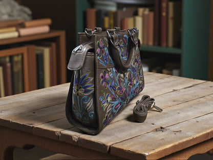 Women Leather Bag With Strap With Gorgeous Kashmiri Embroidery - Dark Grey