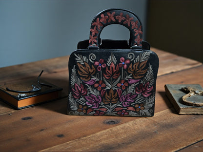Women Leather Bag With Strap With Gorgeous Kashmiri Embroidery - Black