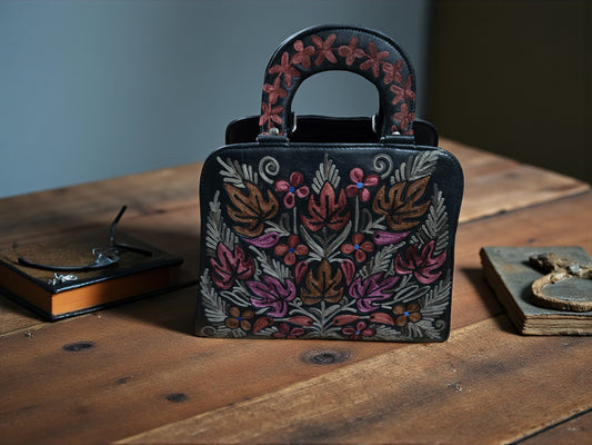 Women Leather Bag With Strap With Gorgeous Kashmiri Embroidery - Black