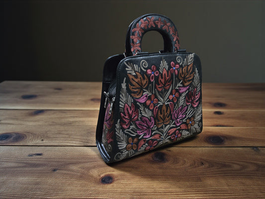 Women Leather Bag With Strap With Gorgeous Kashmiri Embroidery - Black