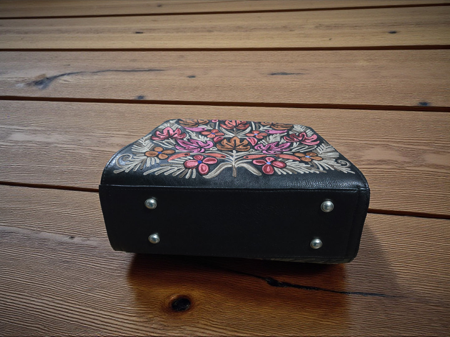 Women Leather Bag With Strap With Gorgeous Kashmiri Embroidery - Black