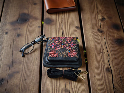 Women Leather Sling Bag With Strap With Gorgeous Kashmiri Embroidery - Black